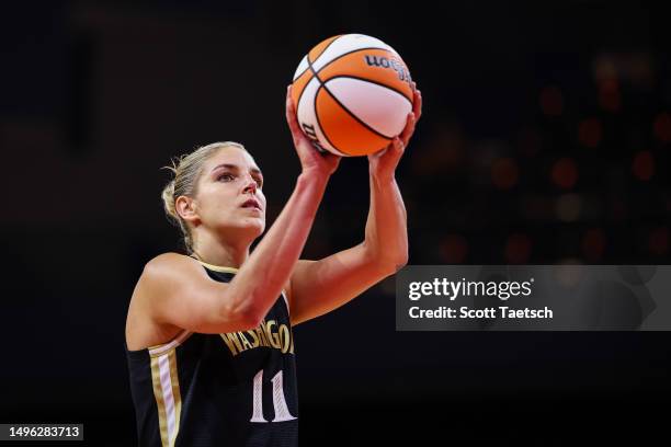 Elena Delle Donne of the Washington Mystics shoots a free throw against the Dallas Wings during the first half of the game at Entertainment & Sports...