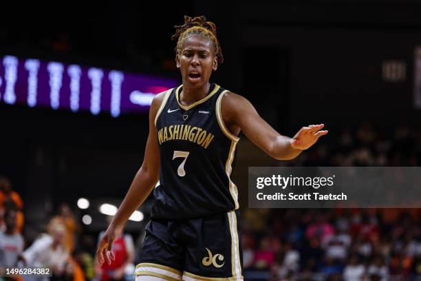 Ariel Atkins of the Washington Mystics reacts to a play against the Dallas Wings during the second half of the game at Entertainment & Sports Arena...