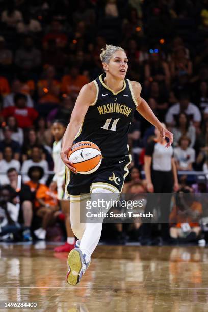 Elena Delle Donne of the Washington Mystics brings the ball up court against the Dallas Wings during the second half of the game at Entertainment &...