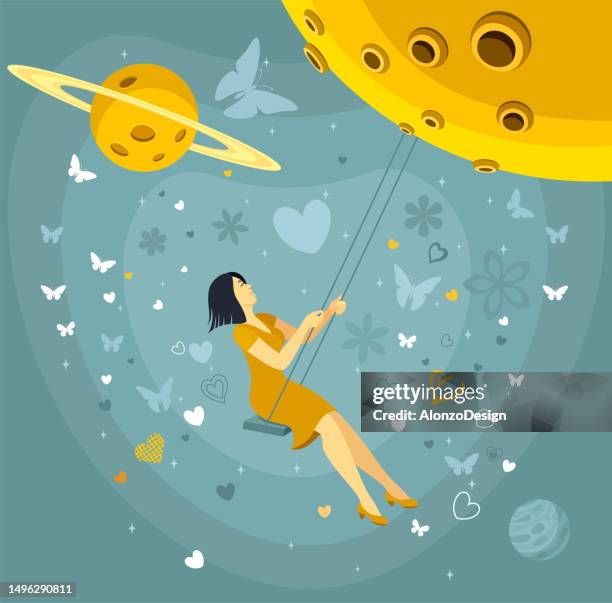 young asian woman swinging on the moon. - flowers royalty free stock illustrations