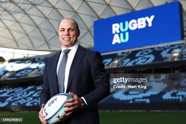 Newly appointed Rugby Australia CEO Phil Waugh poses during a Media Opportunity announcing the appointment of Phil Waugh as the new Rugby Australia...