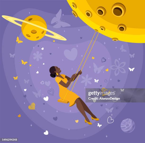 young african american woman swinging on the moon. - mini moon stock illustrations