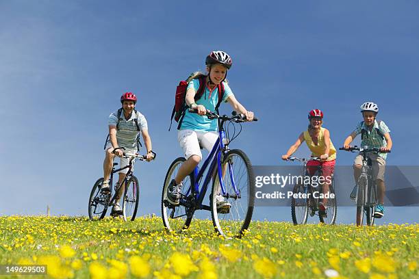 family cycling in field - familie fietsen close up stockfoto's en -beelden