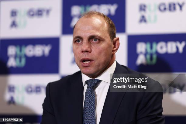 Newly appointed Rugby Australia CEO Phil Waugh speaks to the media during a Media Opportunity announcing the appointment of Phil Waugh as the new...