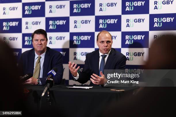 Newly appointed Rugby Australia CEO Phil Waugh speaks to the media next to Rugby Australia Chairman Hamish McLennan during a Media Opportunity...