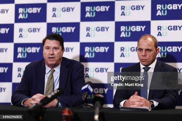Rugby Australia Chairman Hamish McLennan speaks to the media next to newly appointed Rugby Australia CEO Phil Waugh during a Media Opportunity...