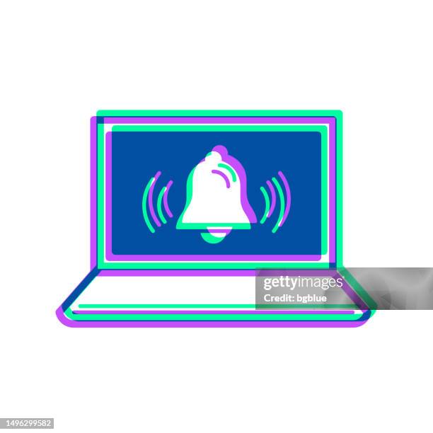 laptop with ringing bell - notification. icon with two color overlay on white background - notification bell stock illustrations