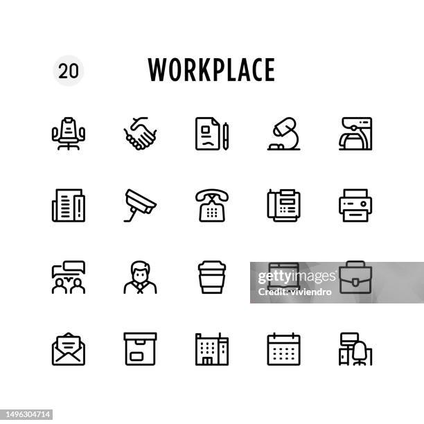 workplace line icon set. editable stroke. pixel perfect. - sit stand desk stock illustrations
