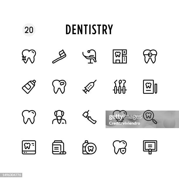 dentistry line icon set. editable stroke. pixel perfect. - happy dentist patient stock illustrations