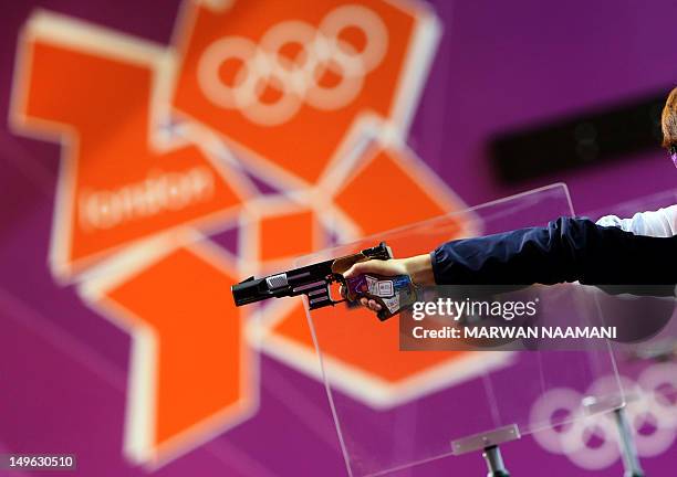 Gold medalist Kim Jang-mi of South Korea competes in the 25m pistol women precision and rapid final at the Royal Artillery Barracks in London on...