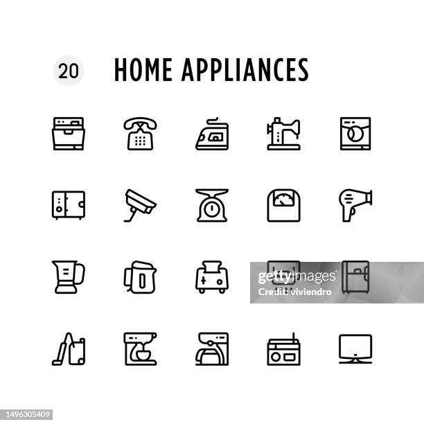 home appliances line icon set. editable stroke. pixel perfect. - cleaning kettle stock illustrations