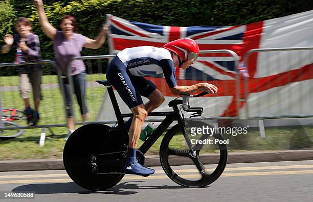 Bradley Wiggins of Great Britain competes in the Men's Individual Time Trial Road Cycling on day 5 of the London 2012 Olympic Games on August 1, 2012...