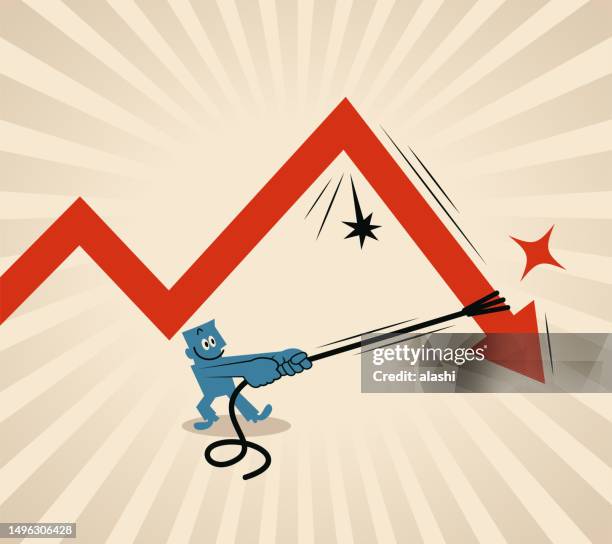 a businessman is trying to pull the arrow down with a rope, trying to bring down the inflation rate, unemployment rate, or crime rate - monetary policy 幅插畫檔、美工圖案、卡通及圖標