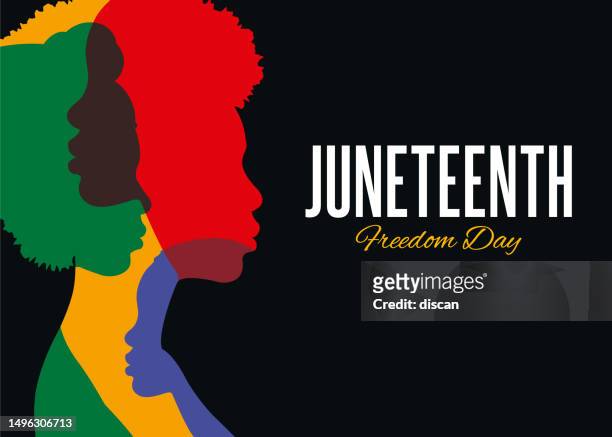 juneteenth independence day banner. silhouettes of african-american profile. june 19 holiday. - juneteenth 1865 幅插畫檔、美工圖案、卡通及圖標
