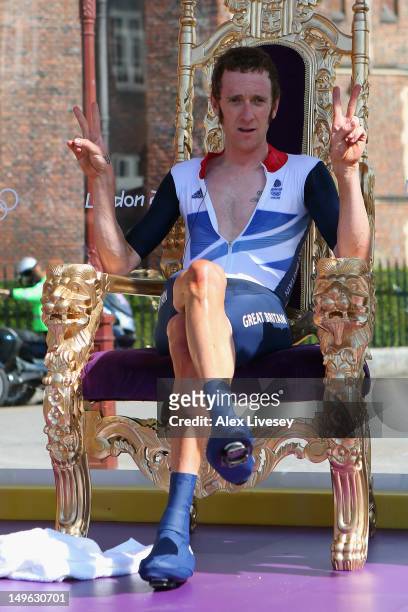 Bradley Wiggins of Great Britain celebrates after the Men's Individual Time Trial Road Cycling on day 5 of the London 2012 Olympic Games on August 1,...