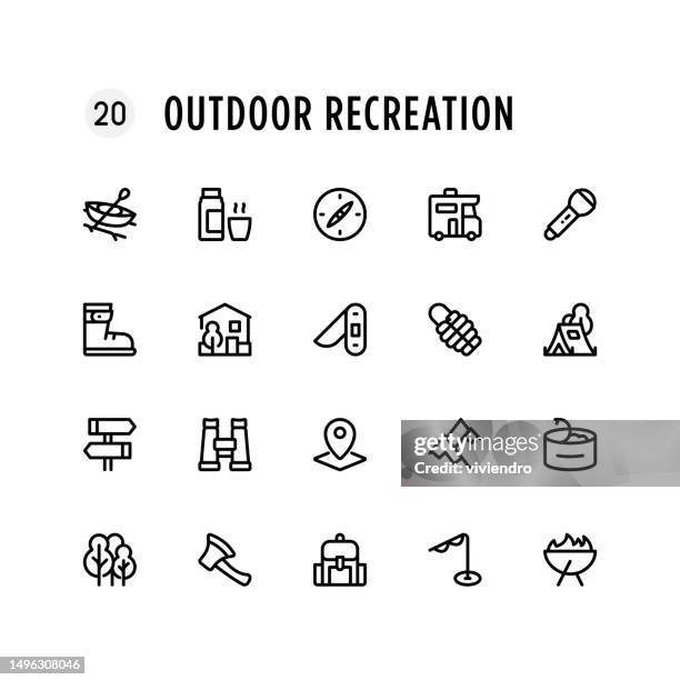 outdoor recreation line icon set. editable stroke. pixel perfect. - kayaking fun stock illustrations