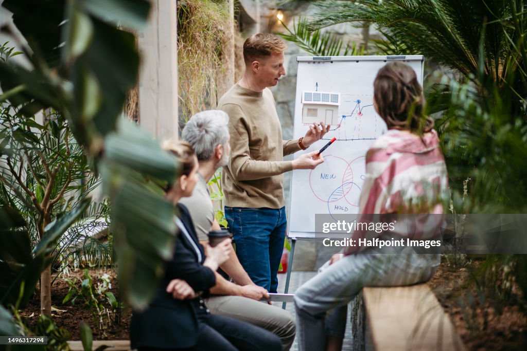 Young colleagues having meeting in modern greenhouse.
