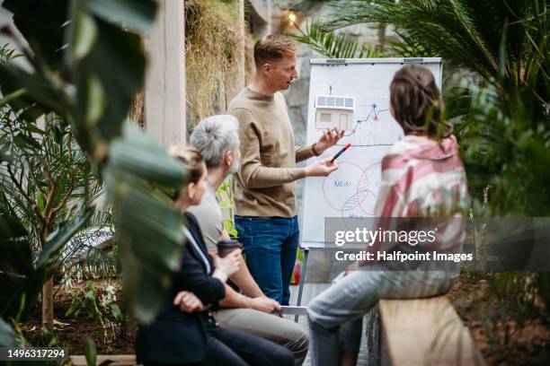 young colleagues having meeting in modern greenhouse. - sustainability business stock-fotos und bilder