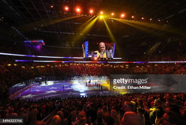 Carnell "Golden Pipes" Johnson sings the United States national anthem before Game Two of the 2023 NHL Stanley Cup Final between the Florida Panthers...