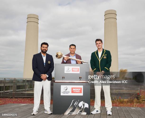 Rohit Sharma, captain of India poses with Pat Cummins, captain of Australia and Ross Taylor of New Zealand with the ICC World Test Championship mace...