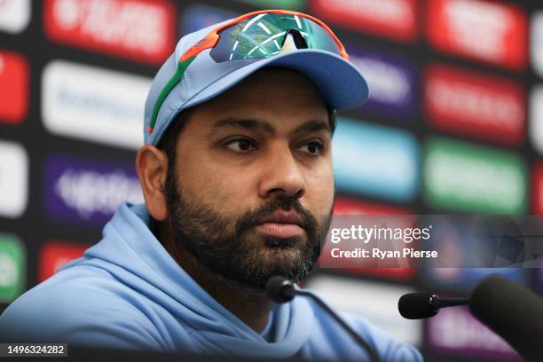 Rohit Sharma of India speaks during a press conference during India training prior to the ICC World Test Championship Final 2023 at The Oval on June...