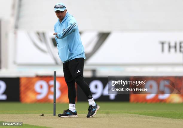 Rahul Dravid, Head Coach of India, inspects the pitch during India training prior to the ICC World Test Championship Final 2023 at The Oval on June...