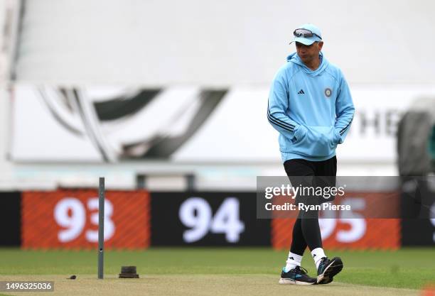 Rahul Dravid, Head Coach of India, inspects the pitch during India training prior to the ICC World Test Championship Final 2023 at The Oval on June...