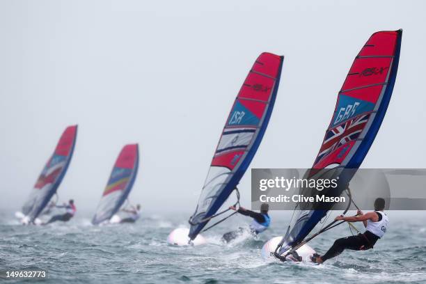 Bryony Shaw of Great Britain competes in the RS:X Women's Sailing on Day 5 of the London 2012 Olympic Games at the Weymouth & Portland Venue at...