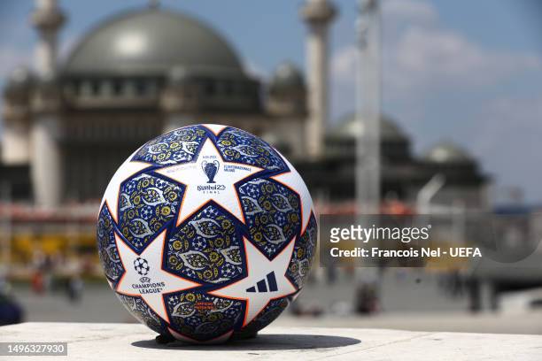 General view of the official match ball ahead of the UEFA Champions League 2022/23 final on June 06, 2023 in Istanbul, Turkey.