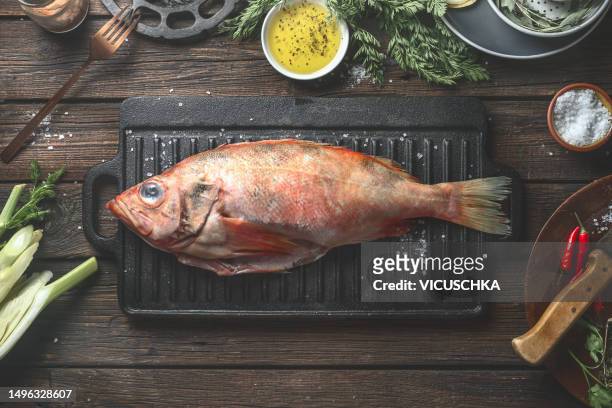 whole red perch fish on grill grate with fresh ingredients on dark rustic table - carmine persico foto e immagini stock