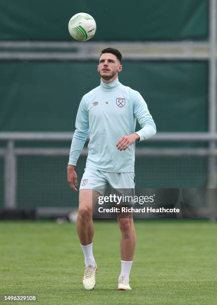 Declan Rice of West Ham United on the ball during a West Ham United Training Session prior to the UEFA Europa Conference League 2022/23 final match...