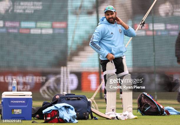 Rohit Sharma of India reacts after being struck on the hand while batting during India training prior to the ICC World Test Championship Final 2023...