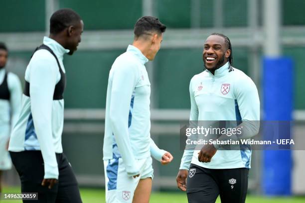 Michail Antonio of West Ham United reacts during a West Ham United Training Session prior to the UEFA Europa Conference League 2022/23 final match...