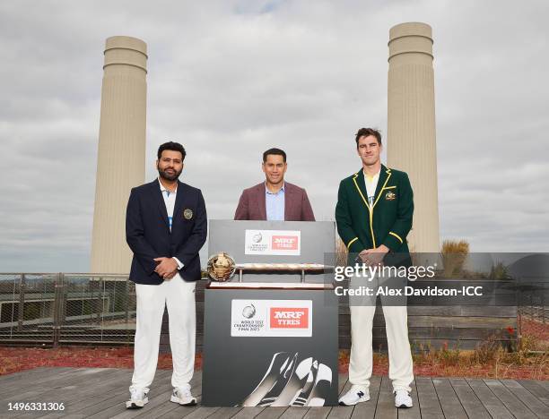 Rohit Sharma, captain of India poses with Pat Cummins, captain of Australia and Ross Taylor of New Zealand with the ICC World Test Championship mace...