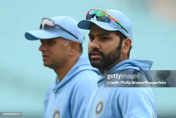 Rohit Sharma and Rahul Dravid leave the field after an India training session prior to the ICC World Test Championship Final 2023 at The Oval on June...