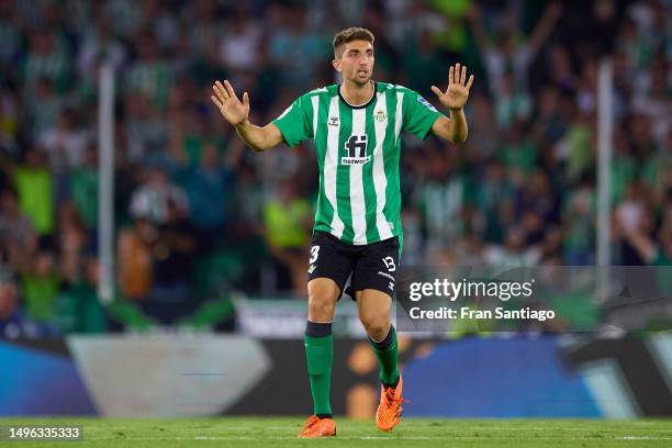 Edgar Gonzalez of Real Betis reacts during the LaLiga Santander match between Real Betis and Valencia CF at Estadio Benito Villamarin on June 04,...