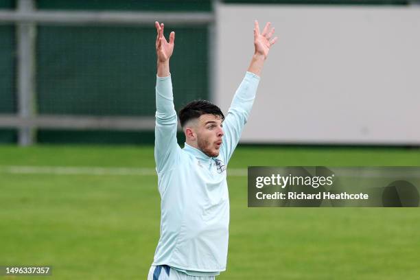 Declan Rice of West Ham United reacts during a West Ham United Training Session prior to the UEFA Europa Conference League 2022/23 final match...