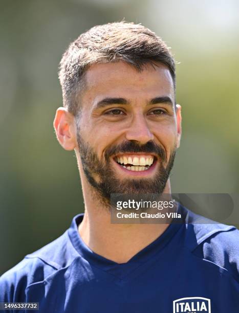 Leonardo Spinazzola of Italy looks on during training session at Forte Village Resort on June 06, 2023 in Santa Margherita di Pula, Italy.