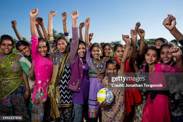 January 27, 2017: Group of young girls after playing volleyball on January 27, 2017 in Vasni Mafi, Rajasthan, India. In Vasi Mafi, Rajasthan, India.