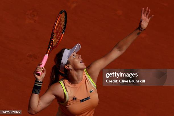 Anastasia Pavlyuchenkova serves against Karolina Muchova of Czech Republic during the Women's Singles Quarter Final match on Day Ten of the 2023...