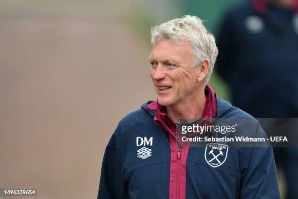 David Moyes, Manager of West Ham United, looks on during a West Ham United Training Session prior to the UEFA Europa Conference League 2022/23 final...