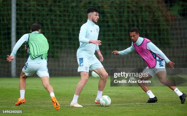 Declan Rice of West Ham United on the ball during a West Ham United Training Session prior to the UEFA Europa Conference League 2022/23 final match...