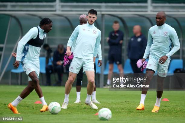 Declan Rice of West Ham United looks on with teammates during a West Ham United Training Session prior to the UEFA Europa Conference League 2022/23...