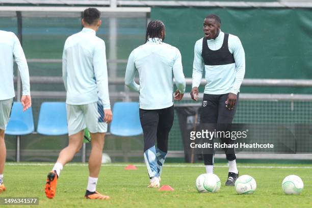 Kurt Zouma of West Ham United reacts during a West Ham United Training Session prior to the UEFA Europa Conference League 2022/23 final match between...