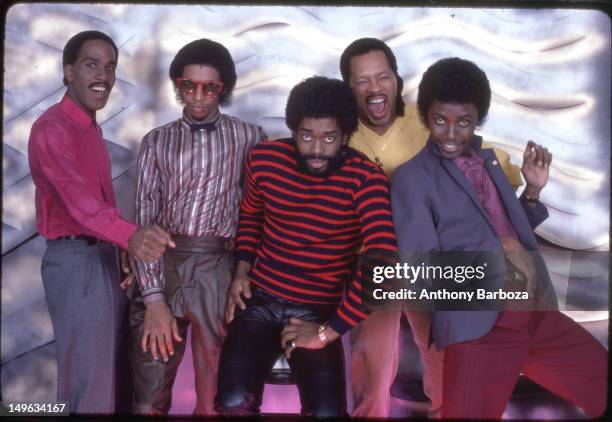 Group portrait of the members of American rhythm & blues and funk band Cameo, 1982.