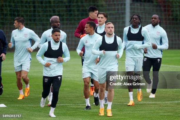 Pablo Fornals and Jarrod Bowen of West Ham United warm up during a West Ham United Training Session prior to the UEFA Europa Conference League...