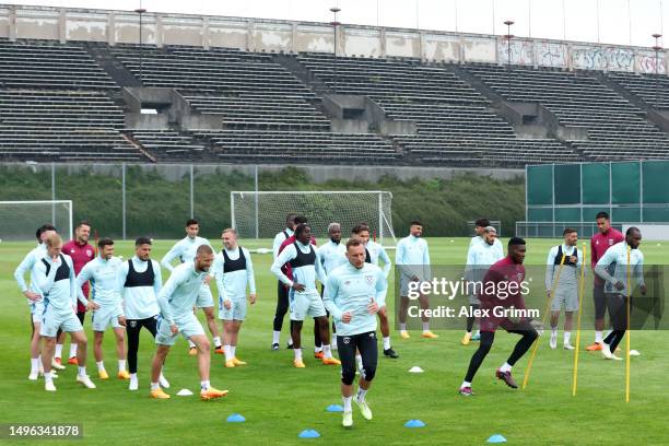 West Ham United players warm up during a West Ham United Training Session prior to the UEFA Europa Conference League 2022/23 final match between ACF...