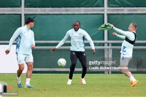 Michail Antonio and Jarrod Bowen of West Ham United train during a West Ham United Training Session prior to the UEFA Europa Conference League...