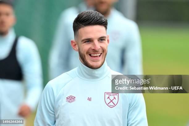 Declan Rice of West Ham United reacts during a West Ham United Training Session prior to the UEFA Europa Conference League 2022/23 final match...
