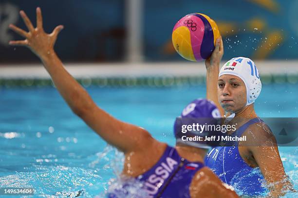 Giulia Rambaldi of Italy scores against Russia on Day 5 of the London 2012 Olympics at Water Polo Arena on August 1, 2012 in London, England.